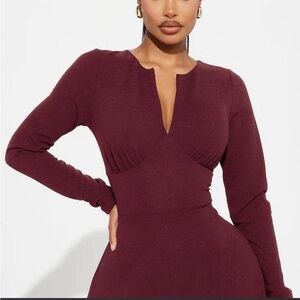 Maroon Long Sleeve Midi Dress